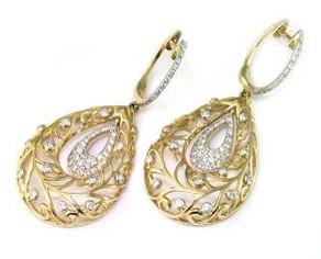 Diamond Pave Natural Floral Inspired Motifs Lattice Branches 14K Gold Earrings