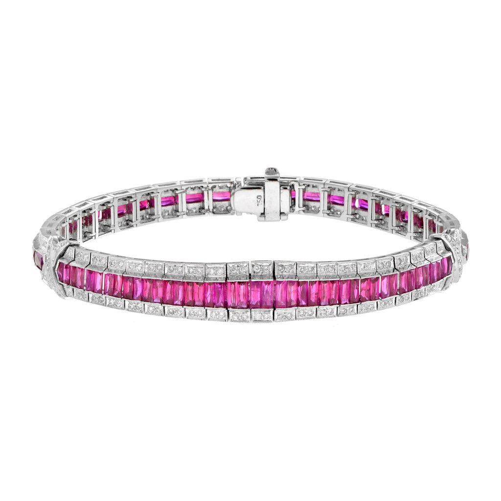 Art Deco Style 15.04 Ct. Ruby & Diamond Baguette Tennis 18K White Gold Bracelet