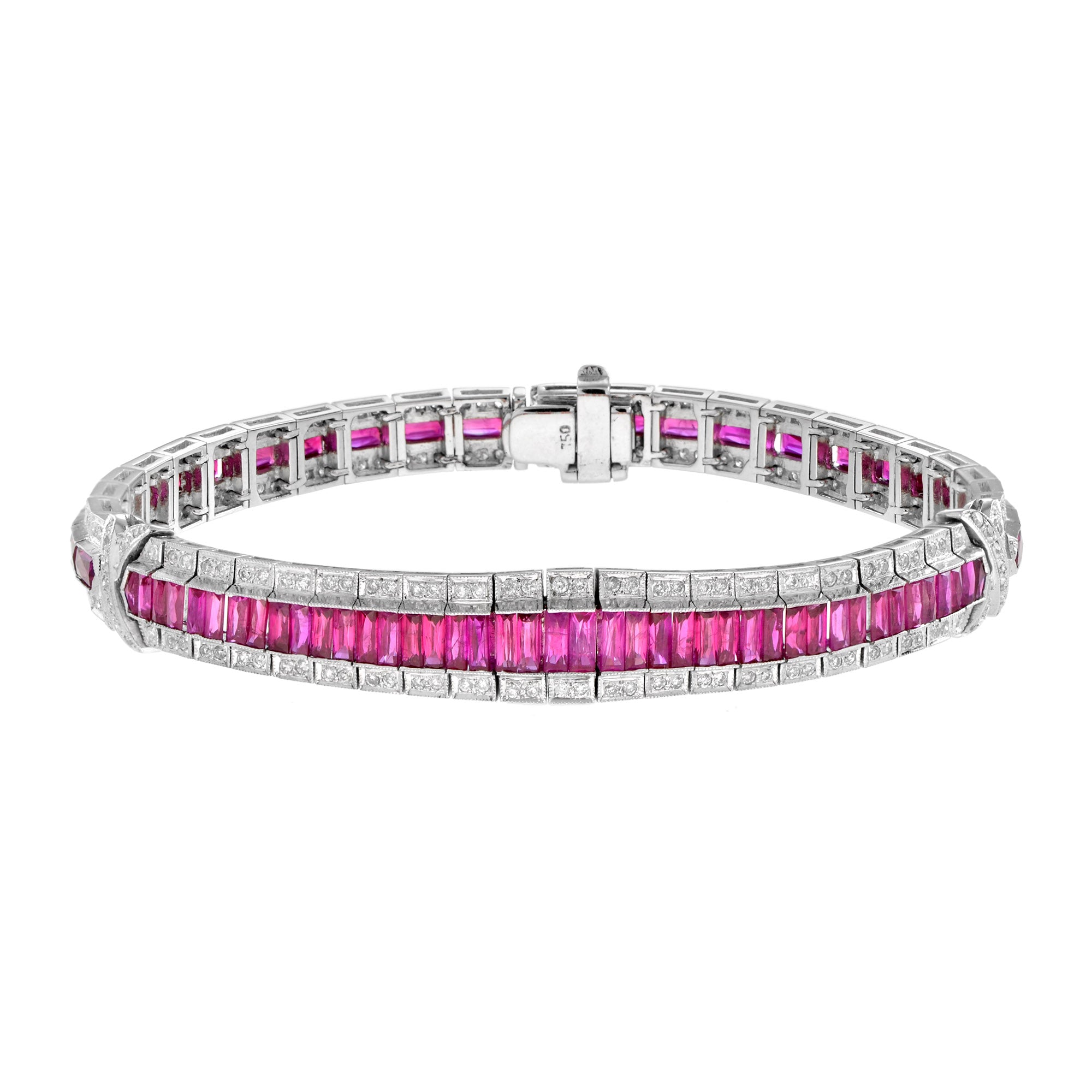 Art Deco Style 15.04 Ct. Ruby & Diamond Baguette Tennis 18K White Gold Bracelet