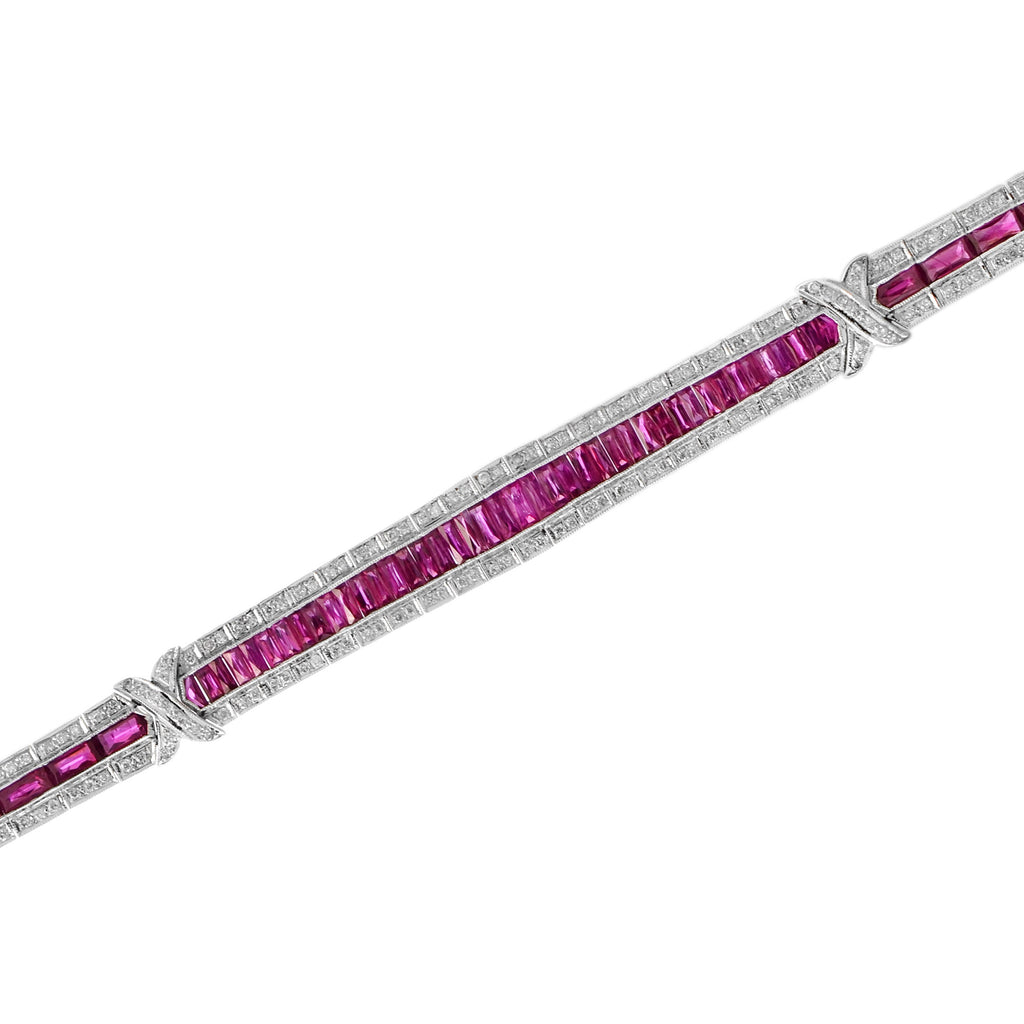Art Deco Style 15.04 Ct. Ruby & Diamond Baguette Tennis 18K White Gold Bracelet
