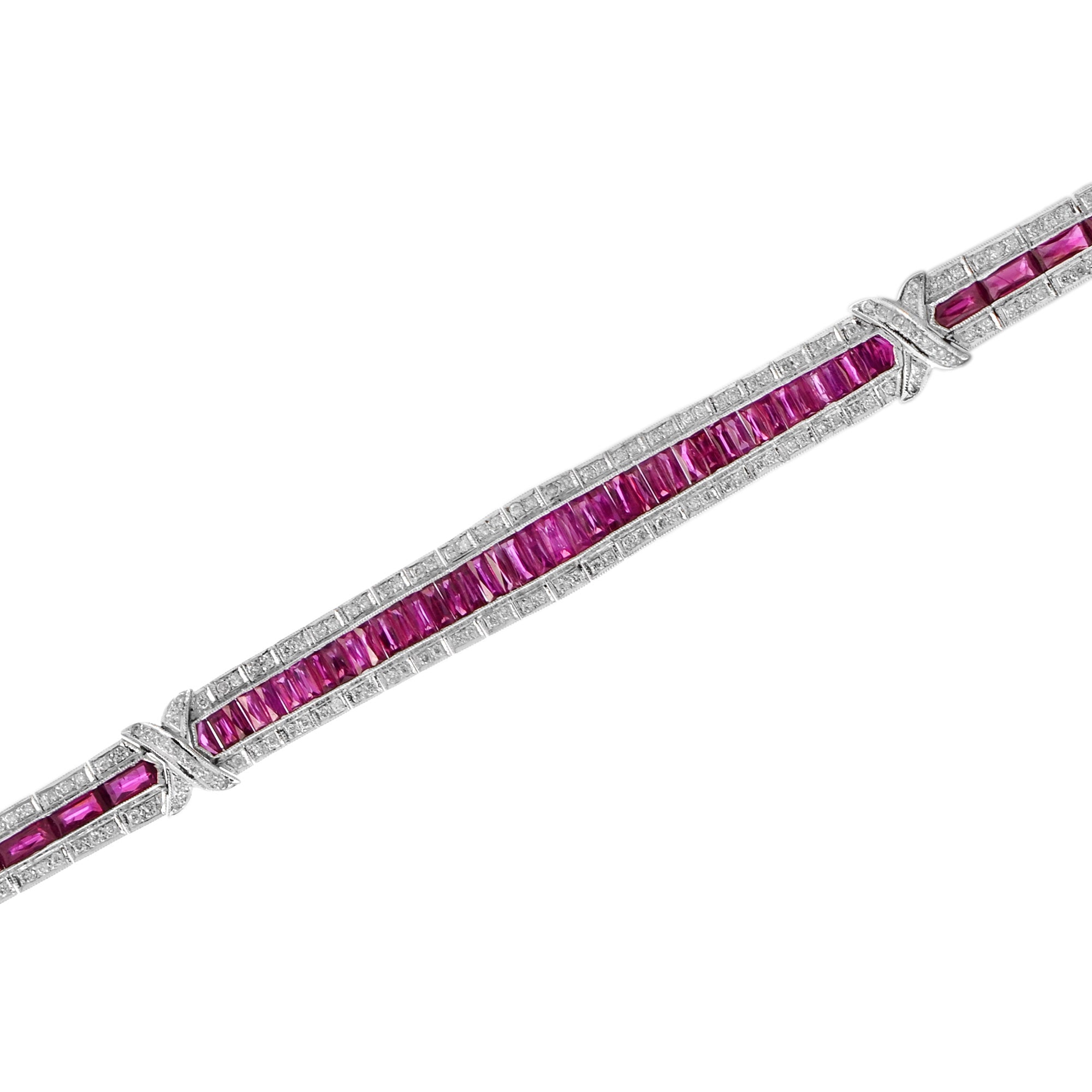 Art Deco Style 15.04 Ct. Ruby & Diamond Baguette Tennis 18K White Gold Bracelet