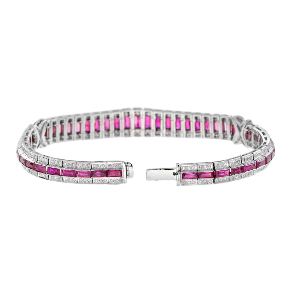 Art Deco Style 15.04 Ct. Ruby & Diamond Baguette Tennis 18K White Gold Bracelet
