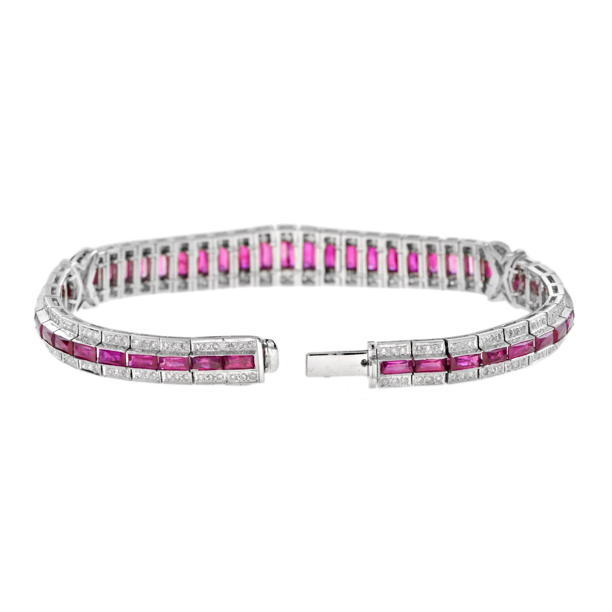 Art Deco Style 15.04 Ct. Ruby & Diamond Baguette Tennis 18K White Gold Bracelet
