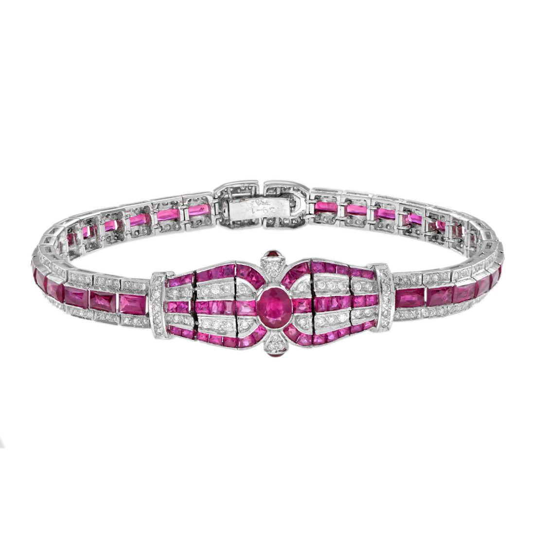 Art Deco Inspired Style Pink Red Ruby & Diamond Unique 18K White Gold Bracelet