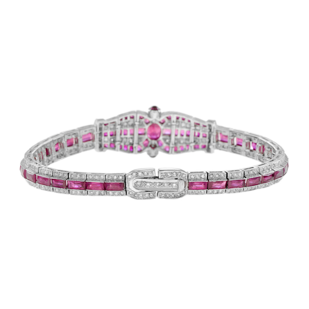 Art Deco Inspired Style Pink Red Ruby & Diamond Unique 18K White Gold Bracelet