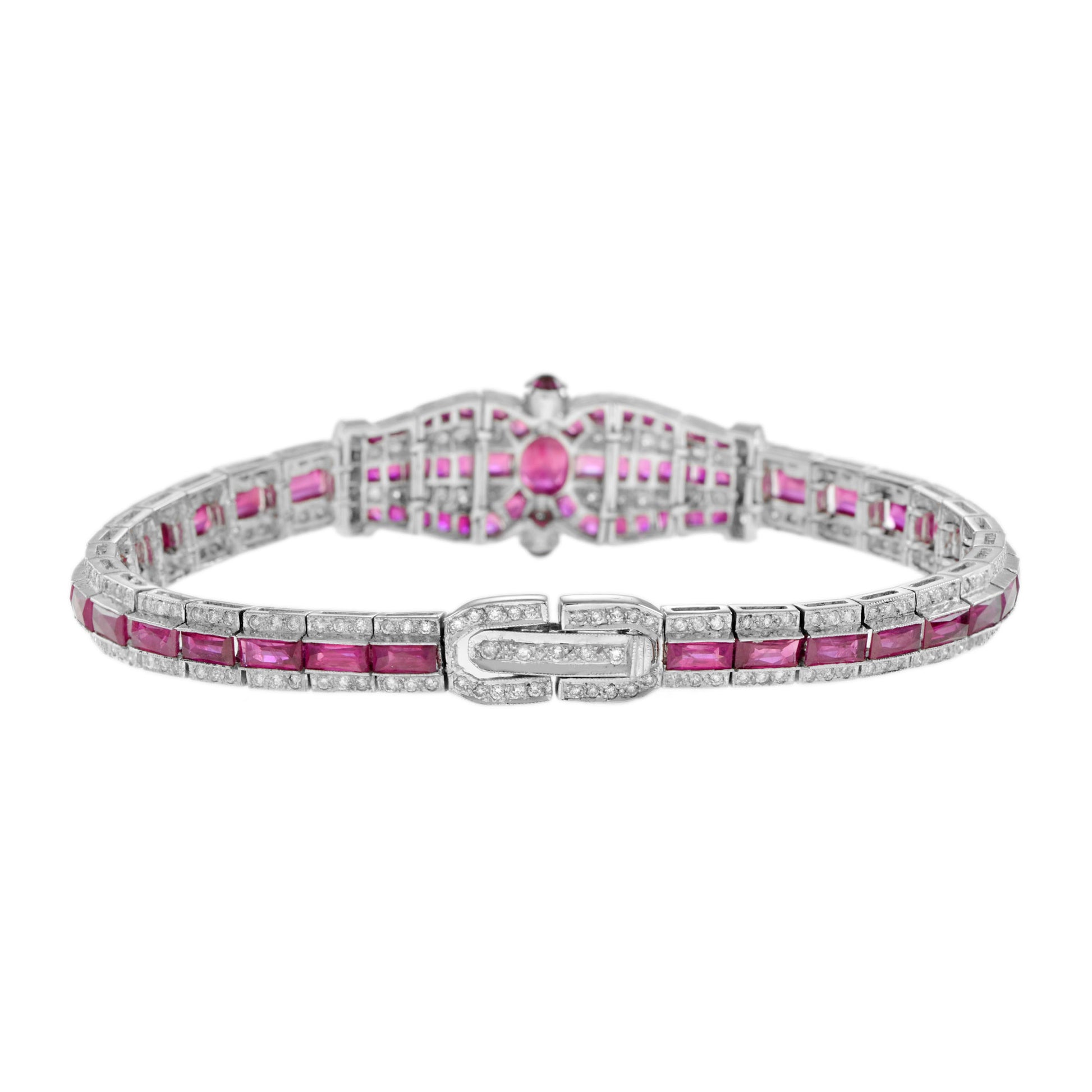 Art Deco Inspired Style Pink Red Ruby & Diamond Unique 18K White Gold Bracelet