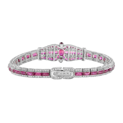 Art Deco Inspired Style Pink Red Ruby & Diamond Unique 18K White Gold Bracelet