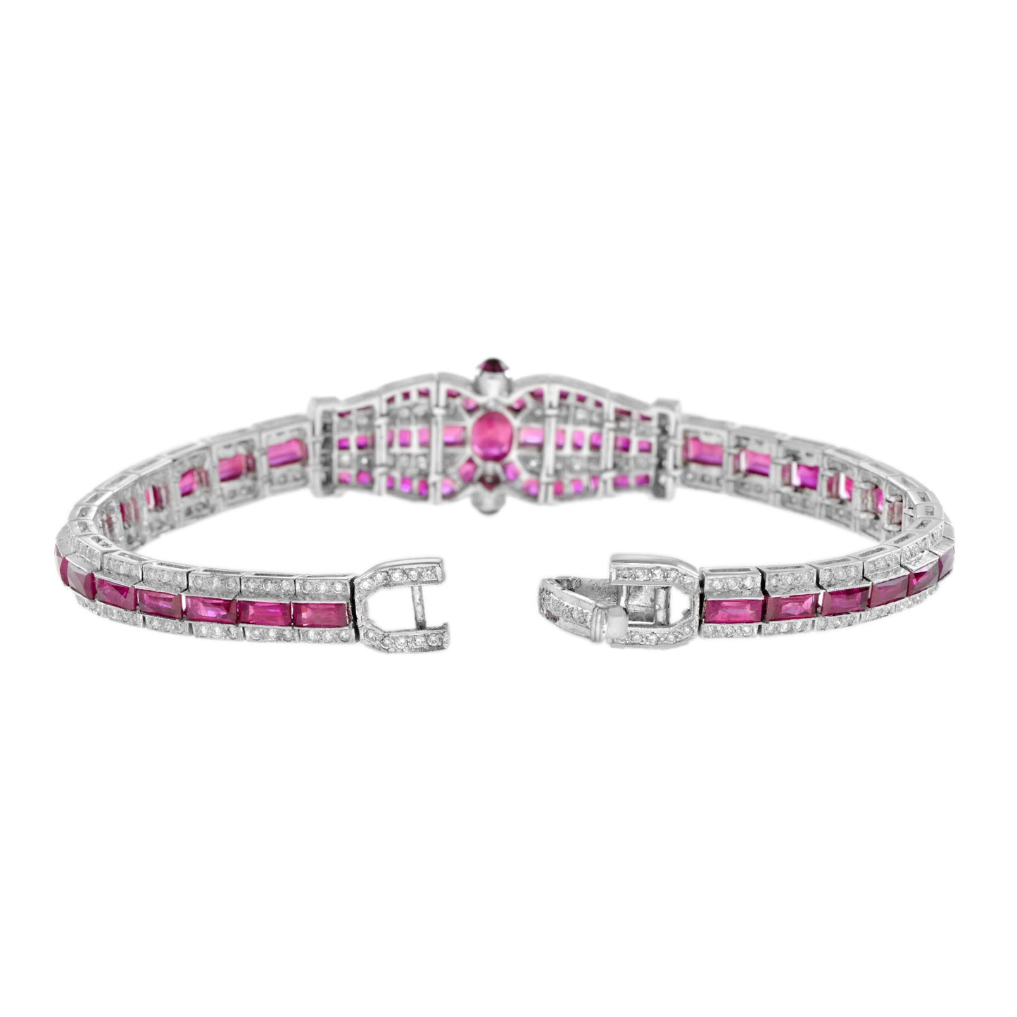 art deco inspired style pink red ruby & diamond unique 18k white gold bracelet