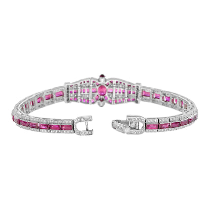 Art Deco Inspired Style Pink Red Ruby & Diamond Unique 18K White Gold Bracelet