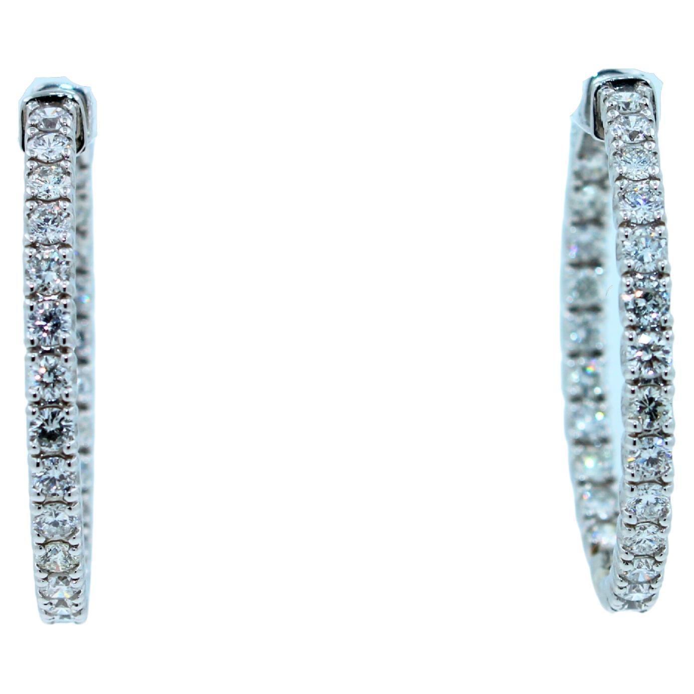 3 Carat Diamond Hoop 14 Karat White Gold Classic Medium Four Carat Earrings