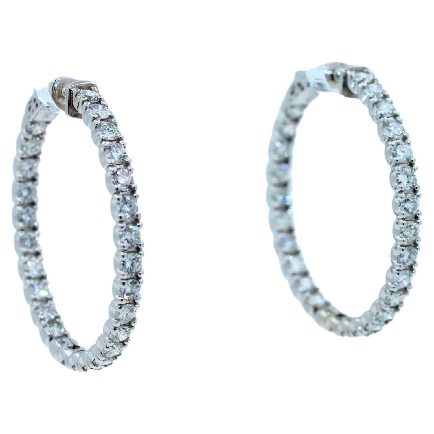 3 Carat Diamond Hoop 14 Karat White Gold Classic Medium Four Carat Earrings