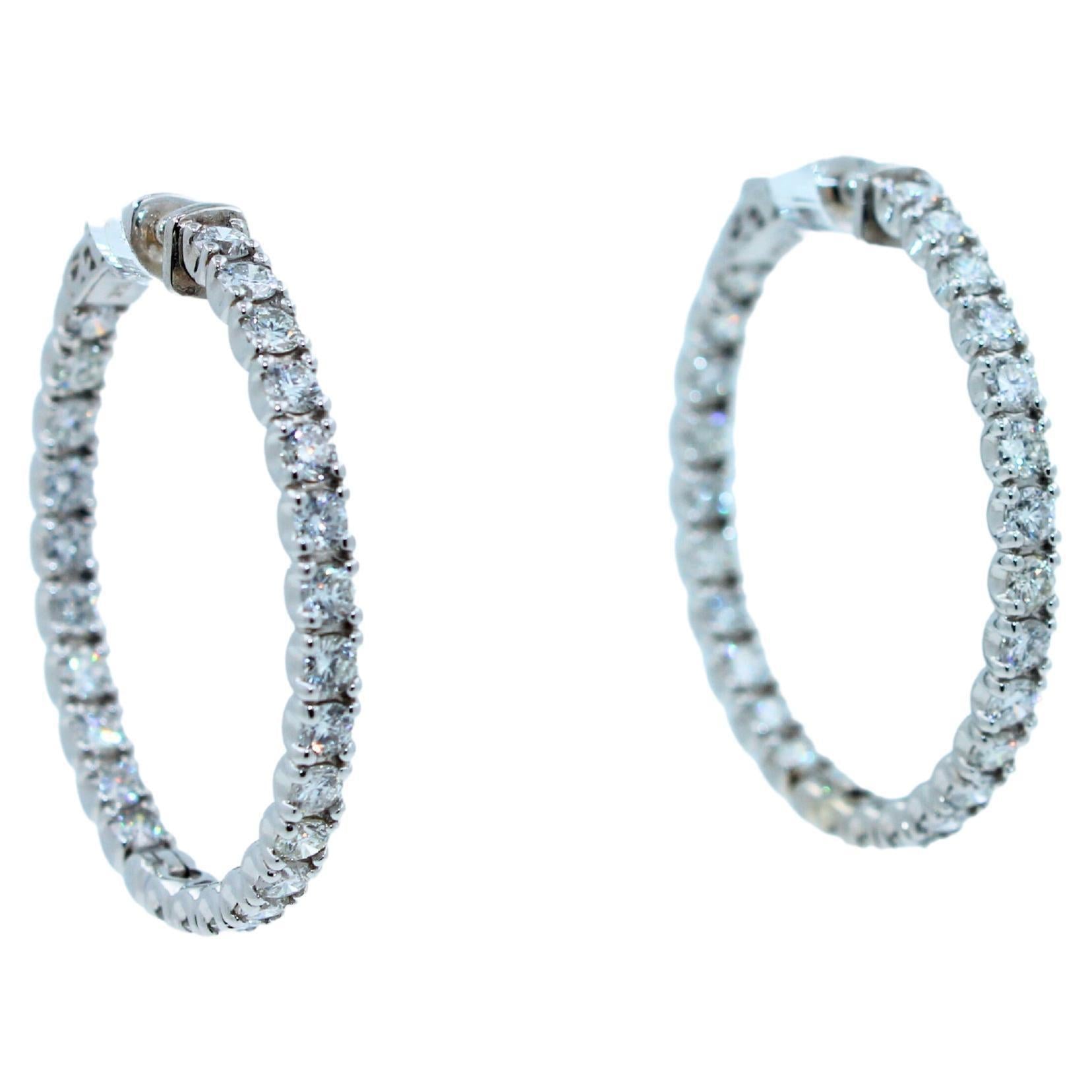 3 Carat Diamond Hoop 14 Karat White Gold Classic Medium Four Carat Earrings