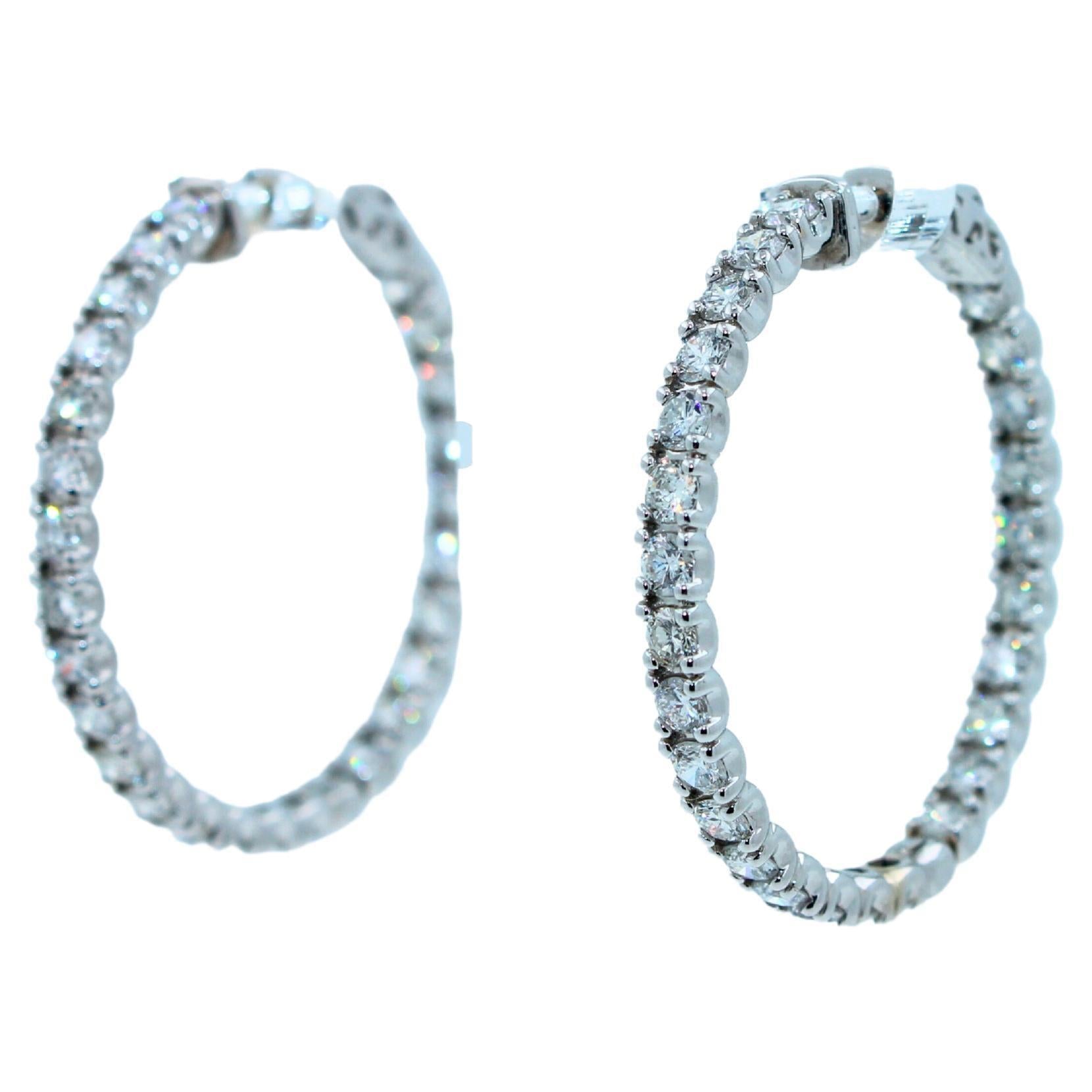 3 Carat Diamond Hoop 14 Karat White Gold Classic Medium Four Carat Earrings