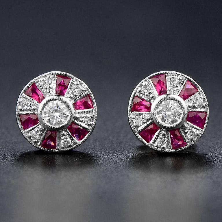 Round Diamond &amp; French Cut Red Pink Ruby Art Deco Style Stud White Gold Earrings