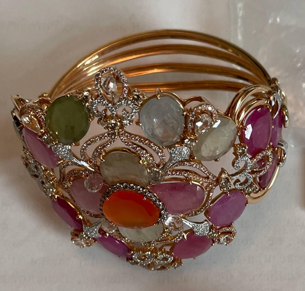 Bracelet with Multi Color Sapphires Fancy Shape Rose Cut 18K Rose Gold Bangle