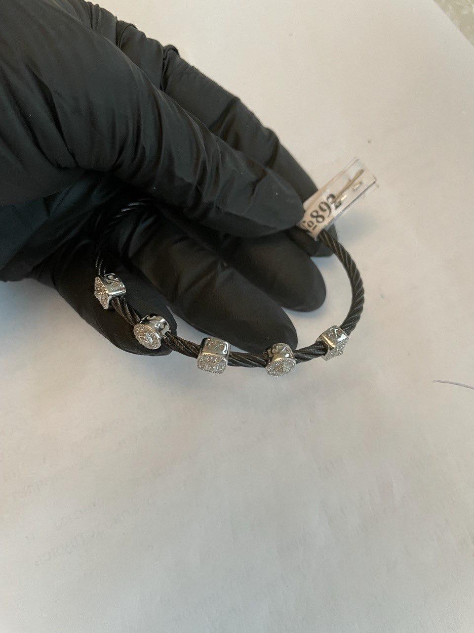 Black Cable Row with 18K White Gold Diamonds Filigree Statement Steel Bracelet