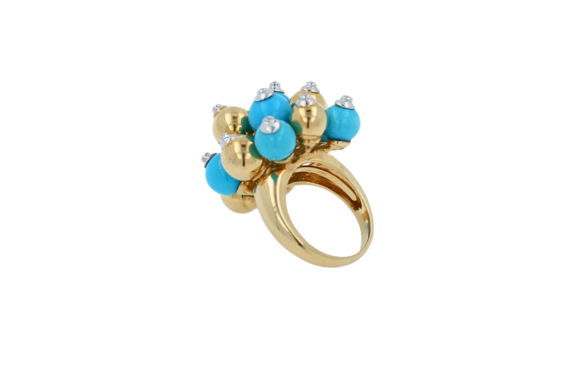 blue turquoise diamonds golden spheres balls christmas bells motif 18k gold ring