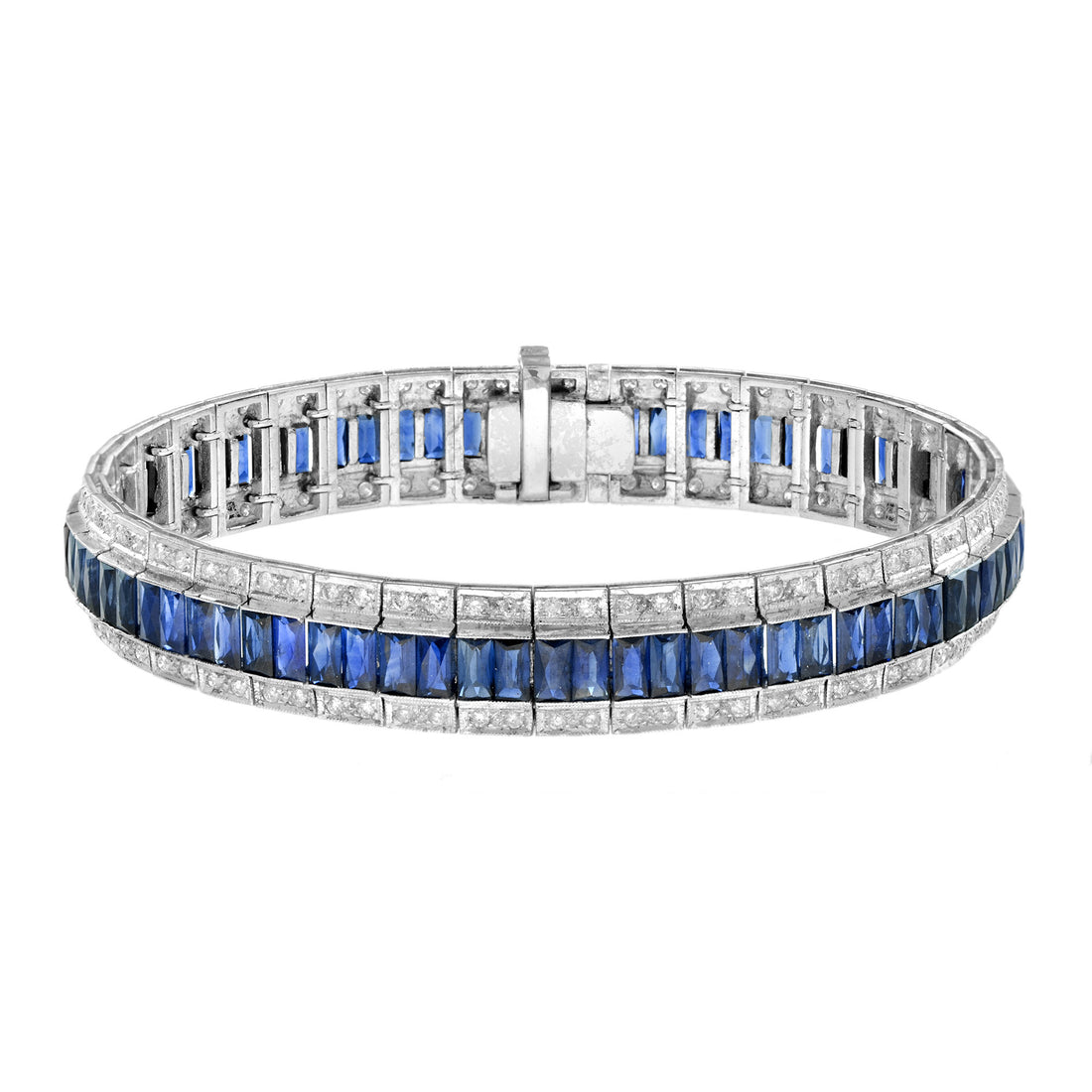 Art Deco Style Inspired Blue Sapphire & Diamond 18K White Gold Line Bracelet