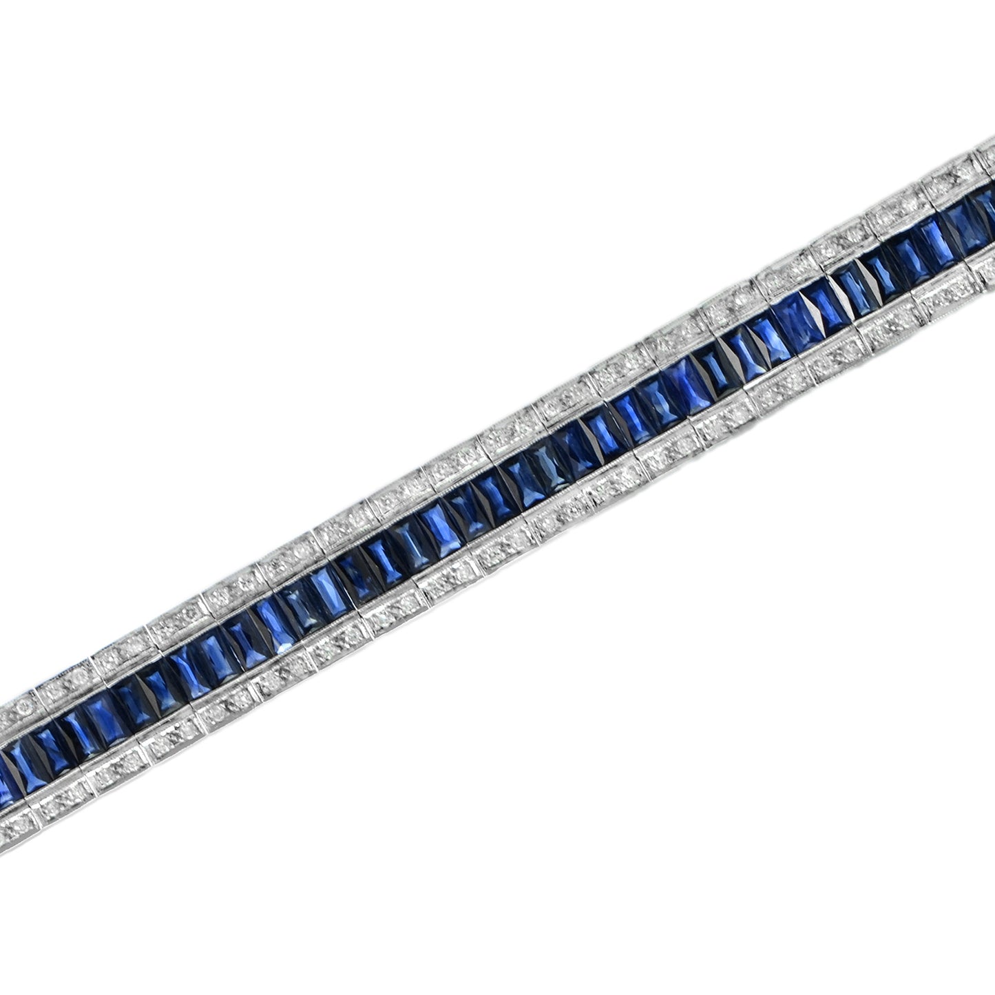 art deco style inspired blue sapphire & diamond 18k white gold line bracelet