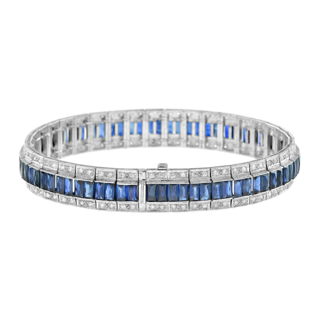 15.67 ctw Art Deco Style Blue Sapphire & Diamond Tennis Bracelet 18K White Gold