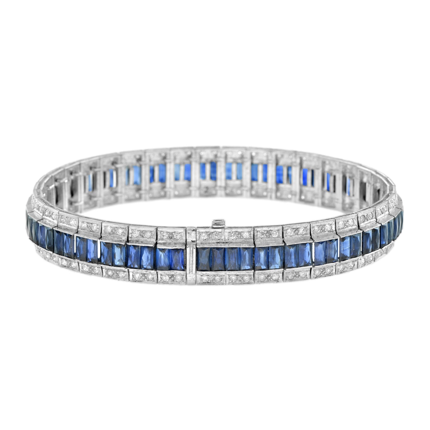 art deco style inspired blue sapphire & diamond 18k white gold line bracelet