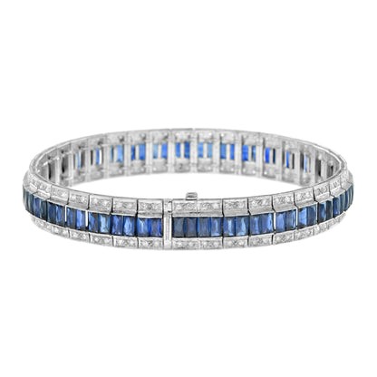 Art Deco Style Inspired Blue Sapphire & Diamond 18K White Gold Line Bracelet
