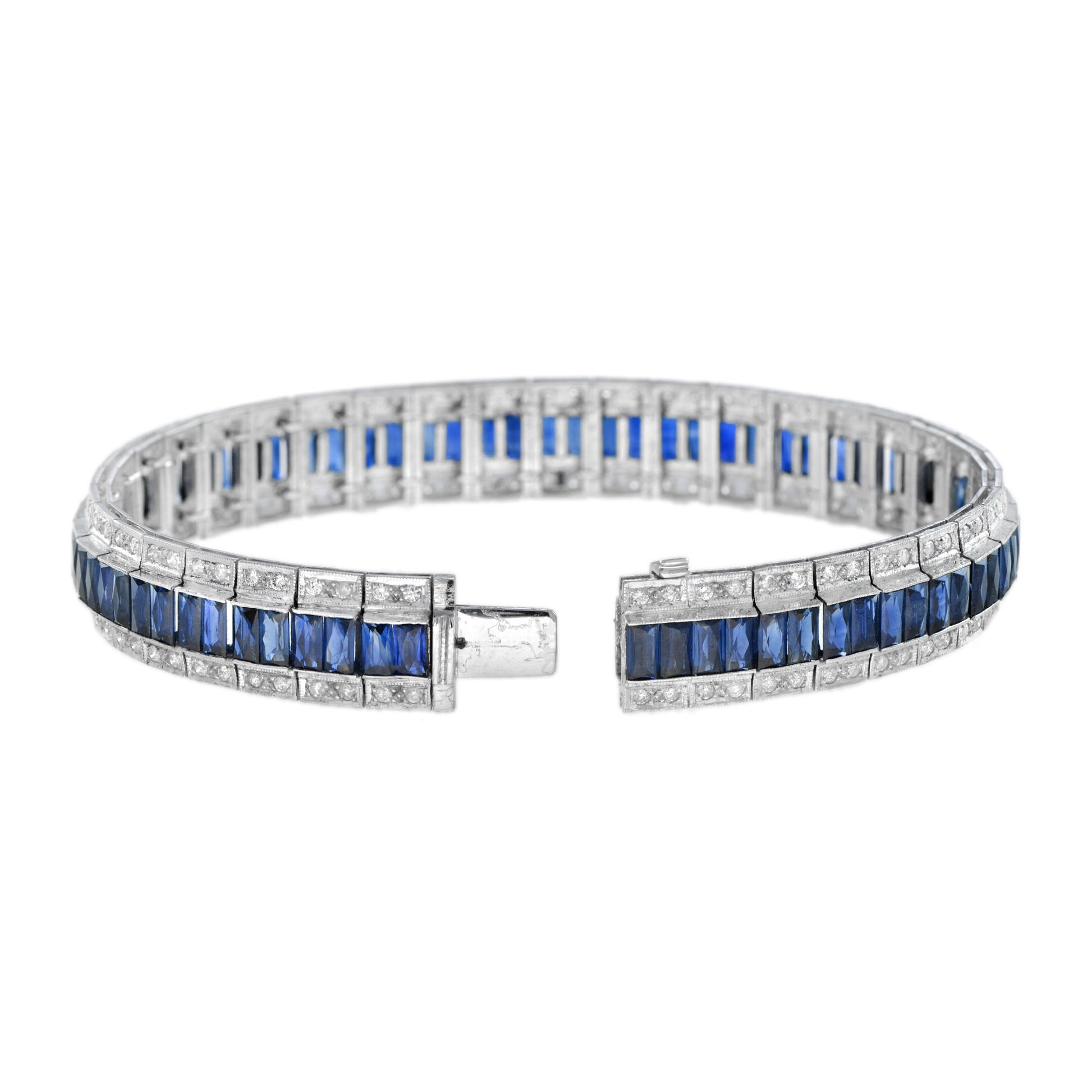 Art Deco Style Inspired Blue Sapphire & Diamond 18K White Gold Line Bracelet