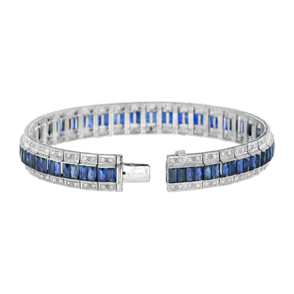 Art Deco Style Inspired Blue Sapphire & Diamond 18K White Gold Line Bracelet