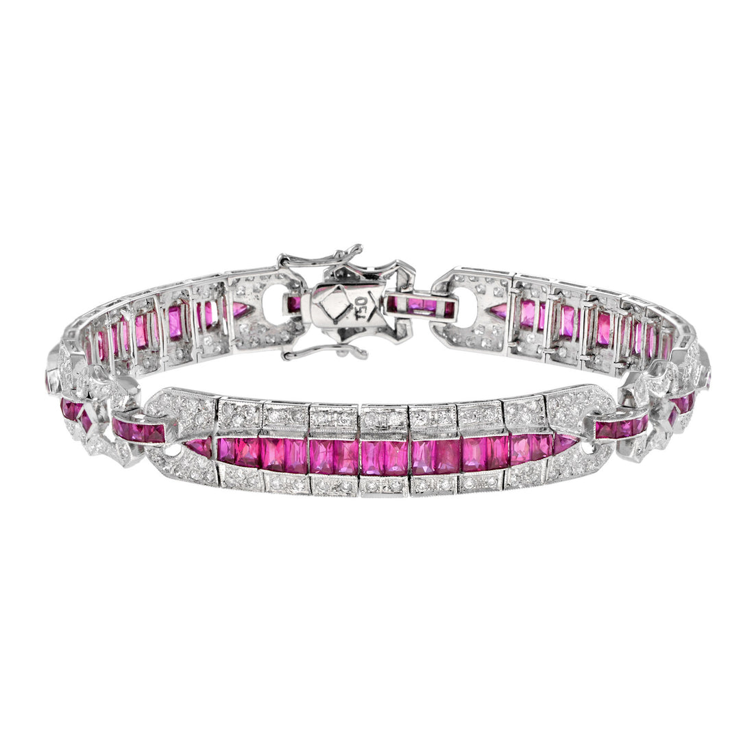 Art Deco Style Pink Red Ruby & Diamond Baguette Tennis 18K White Gold Bracelet