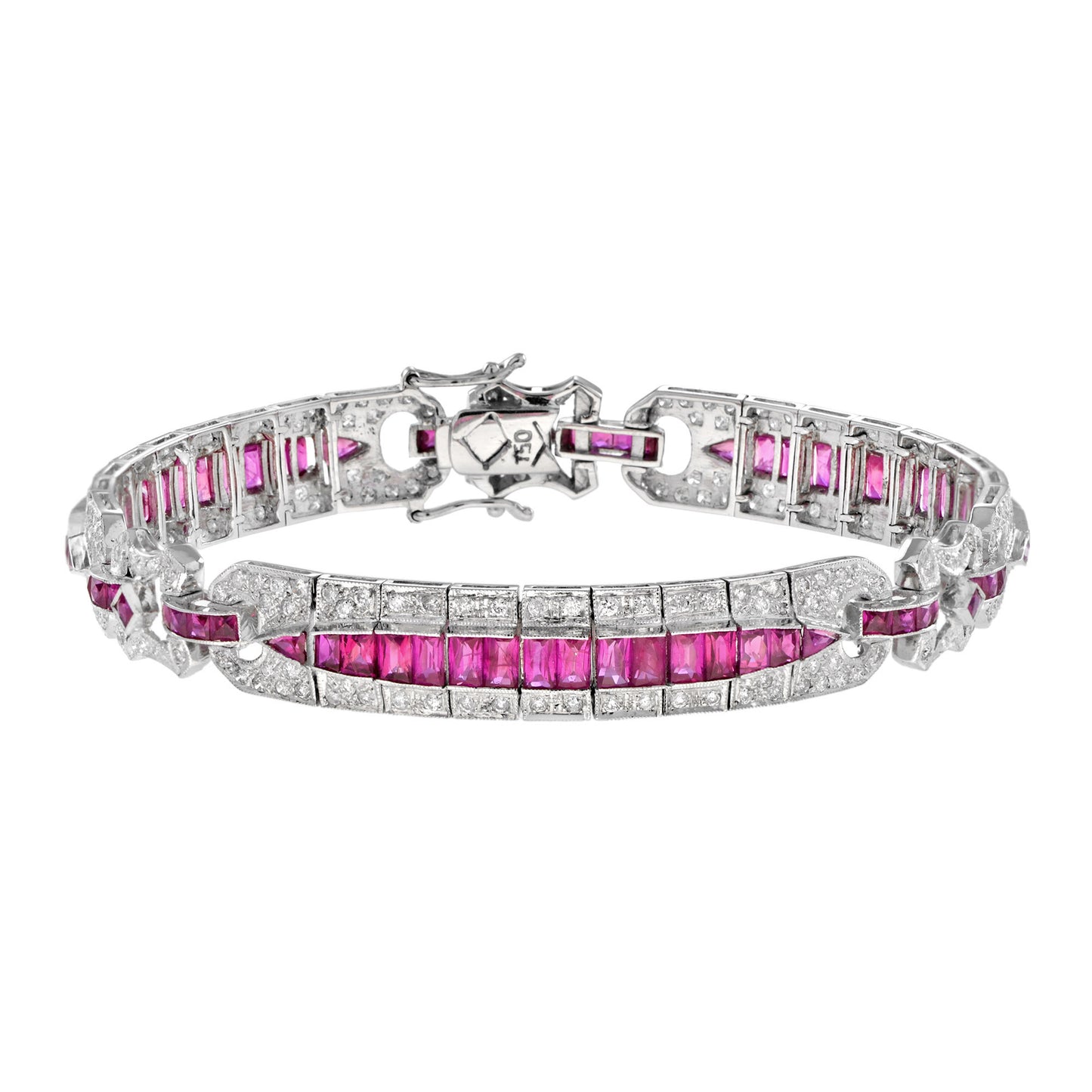 art deco style pink red ruby & diamond baguette tennis 18k white gold bracelet
