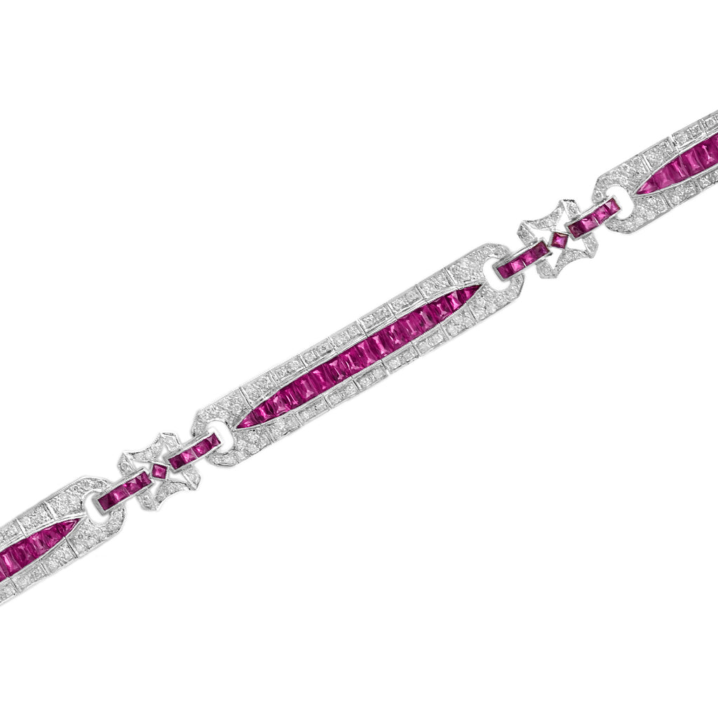 Art Deco Style Pink Red Ruby & Diamond Baguette Tennis 18K White Gold Bracelet
