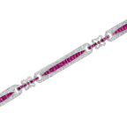 Art Deco Style Pink Red Ruby & Diamond Baguette Tennis 18K White Gold Bracelet
