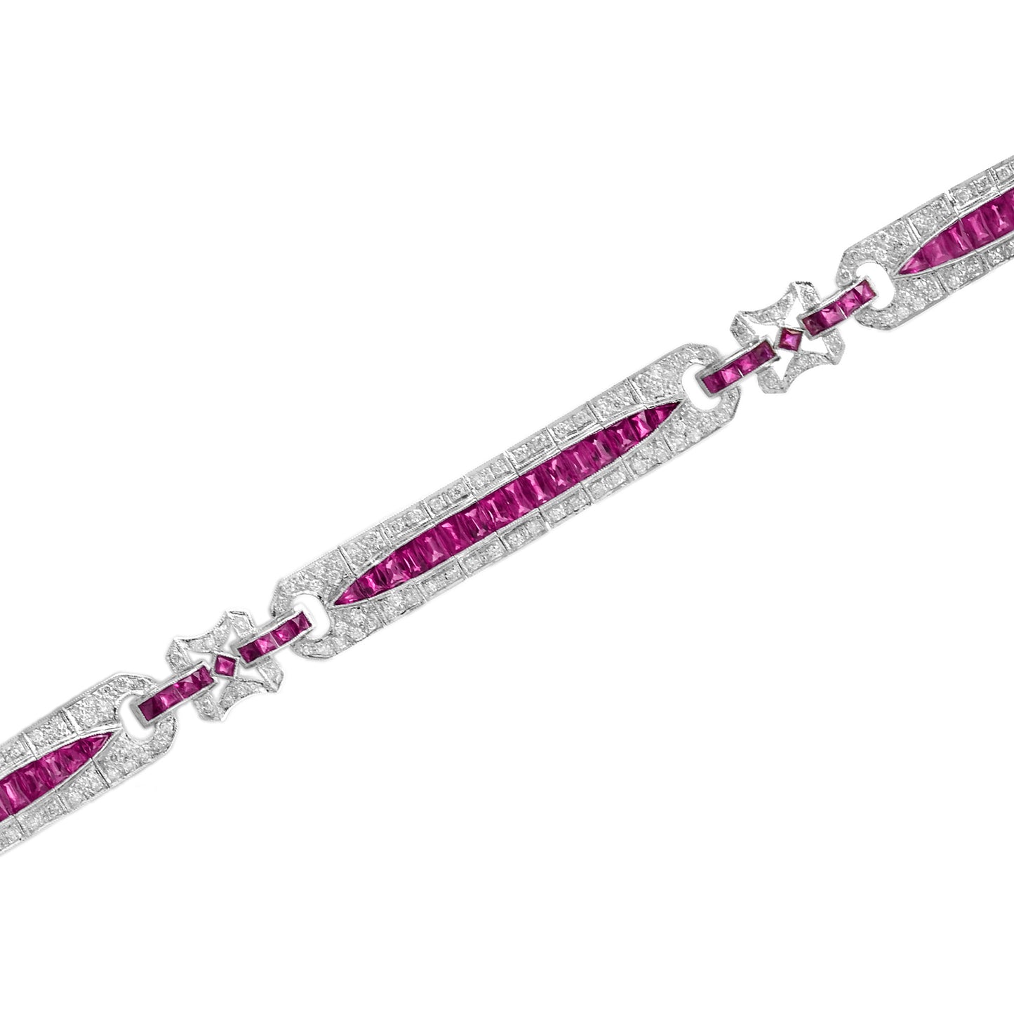 art deco style pink red ruby & diamond baguette tennis 18k white gold bracelet
