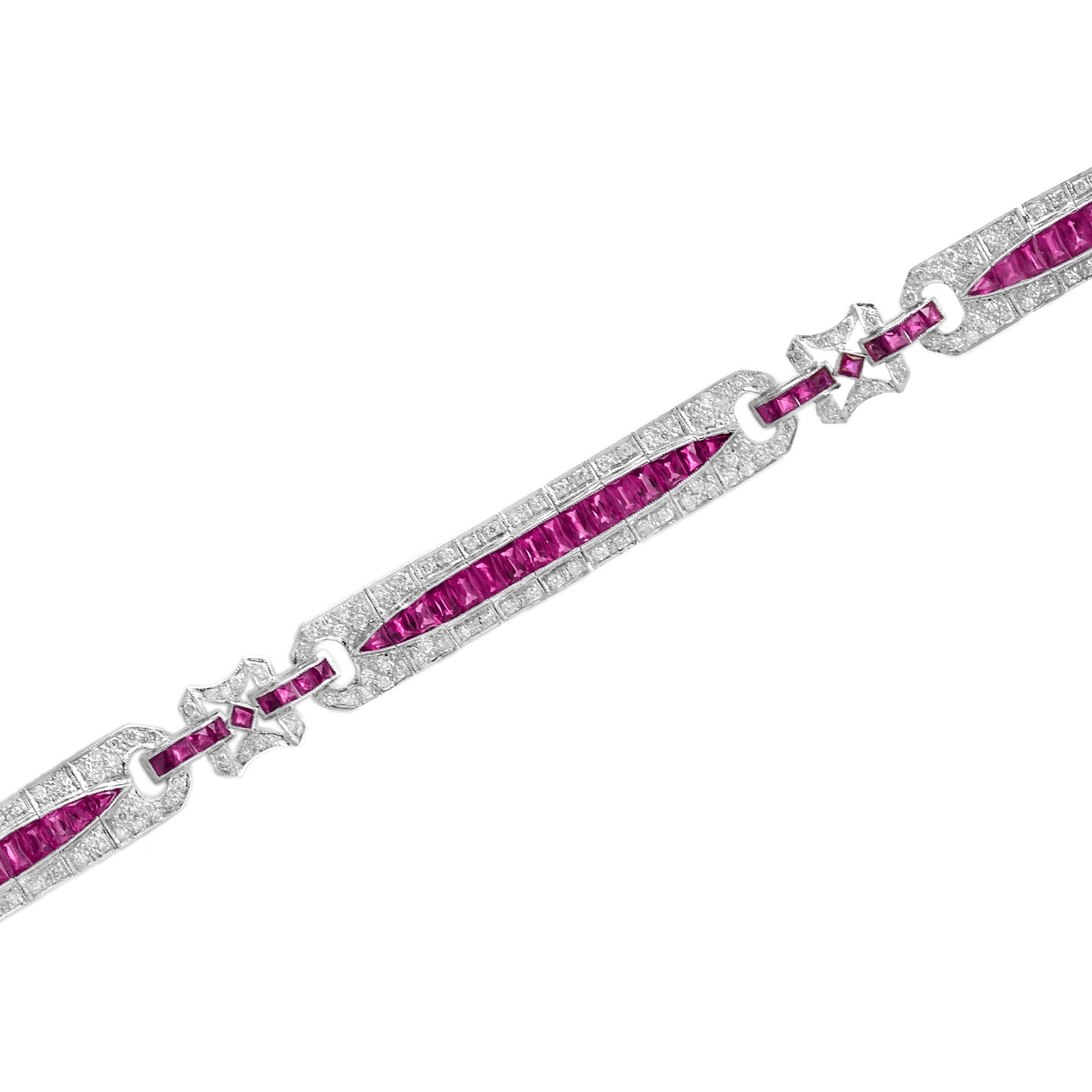 Art Deco Style Pink Red Ruby &amp; Diamond Baguette Tennis 18K White Gold Bracelet
