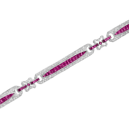 Art Deco Style Pink Red Ruby & Diamond Baguette Tennis 18K White Gold Bracelet