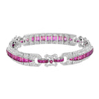Art Deco Style Pink Red Ruby & Diamond Baguette Tennis 18K White Gold Bracelet
