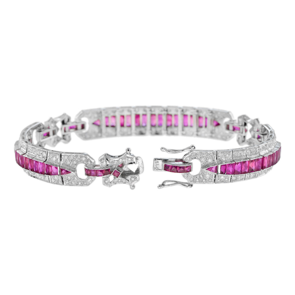 Art Deco Style Pink Red Ruby & Diamond Baguette Tennis 18K White Gold Bracelet