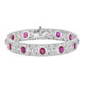 Art Deco Style Pink Red Oval Ruby & Diamond Tennis 18K White Gold Bracelet