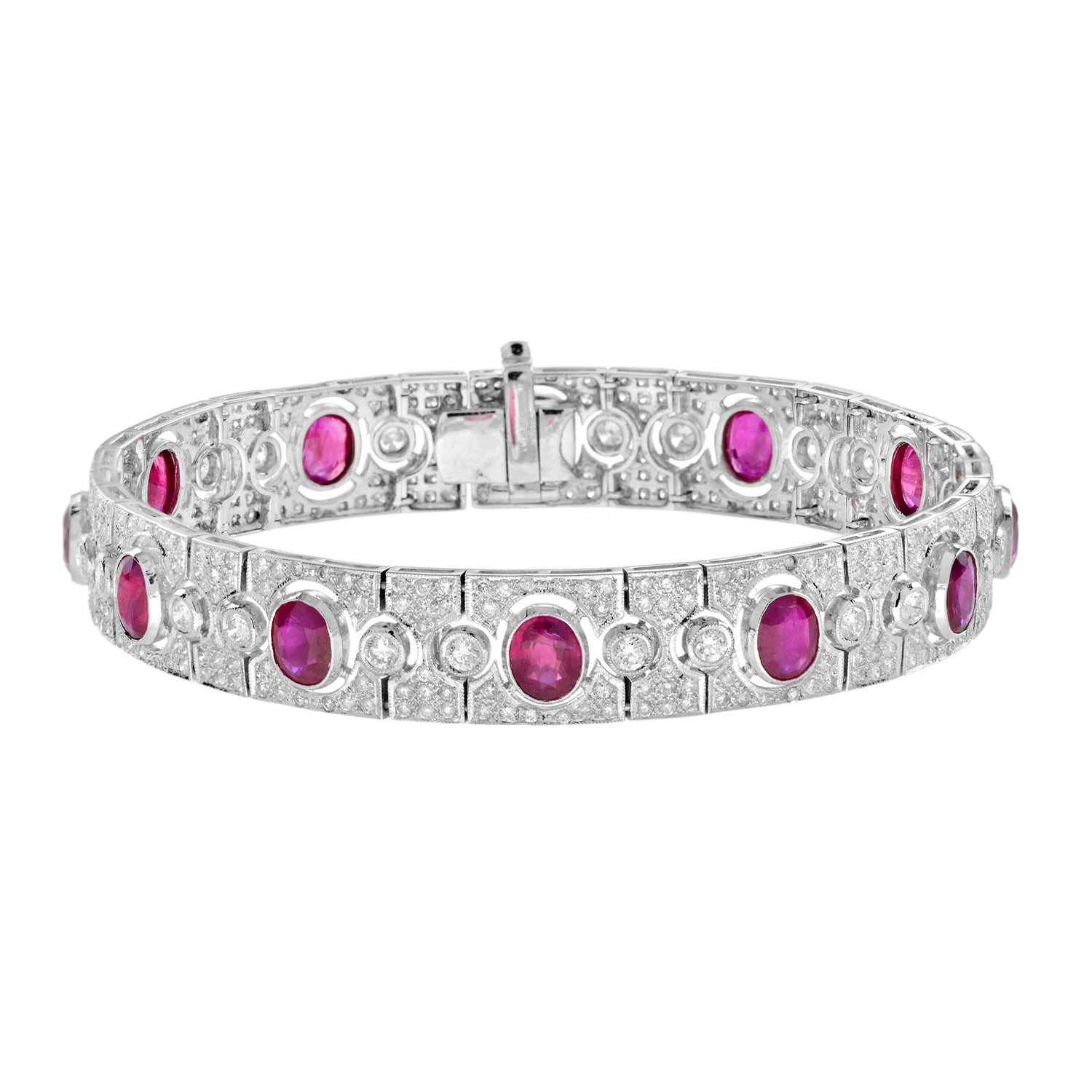 Art Deco Style Pink Red Oval Ruby &amp; Diamond Tennis 18K White Gold Bracelet