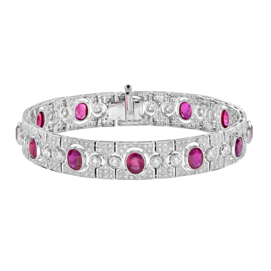 Art Deco Style Pink Red Oval Ruby & Diamond Tennis 18K White Gold Bracelet