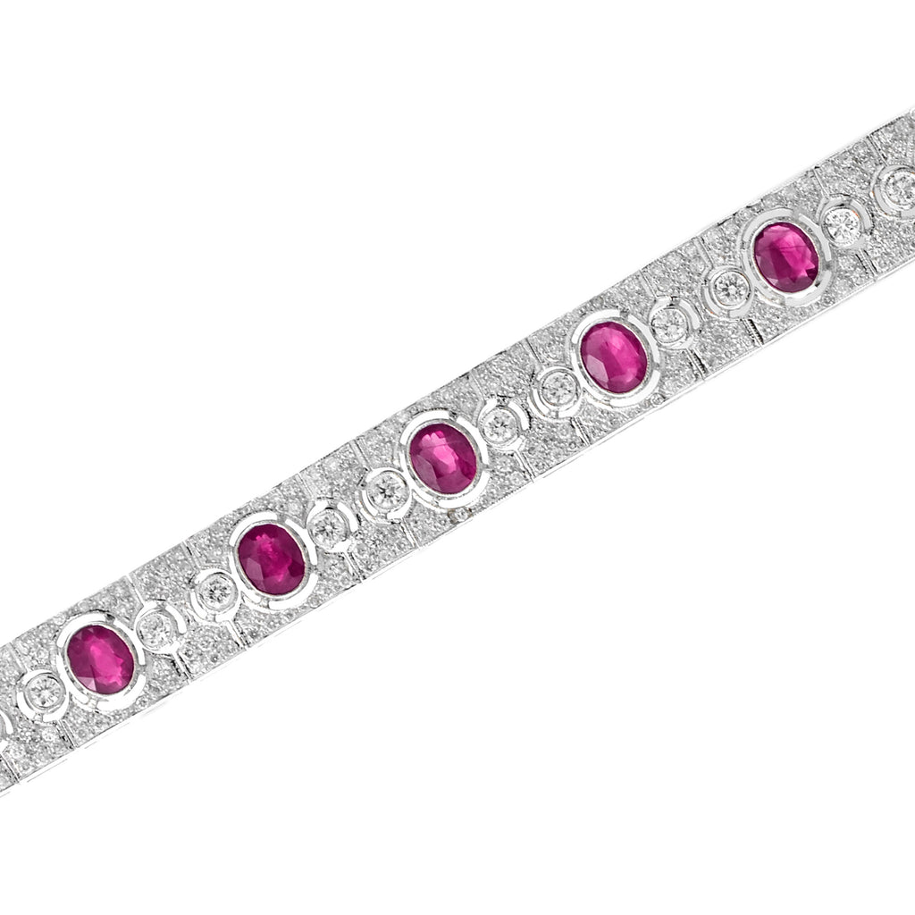 Art Deco Style Pink Red Oval Ruby & Diamond Tennis 18K White Gold Bracelet