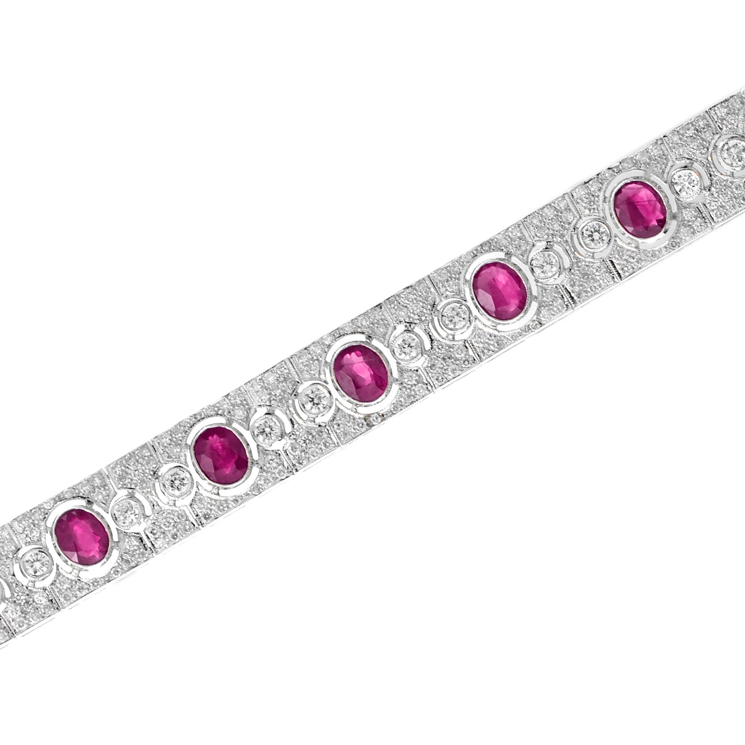 Art Deco Style Pink Red Oval Ruby &amp; Diamond Tennis 18K White Gold Bracelet