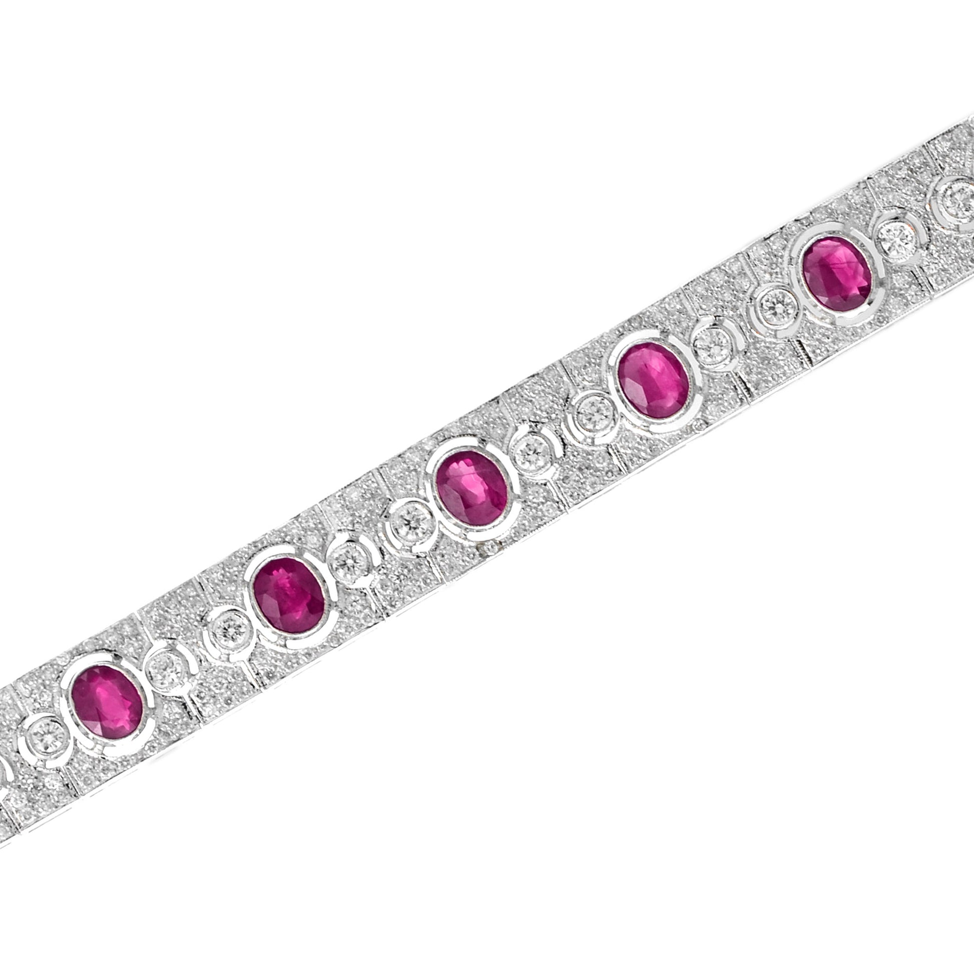 Art Deco Style Pink Red Oval Ruby & Diamond Tennis 18K White Gold Bracelet
