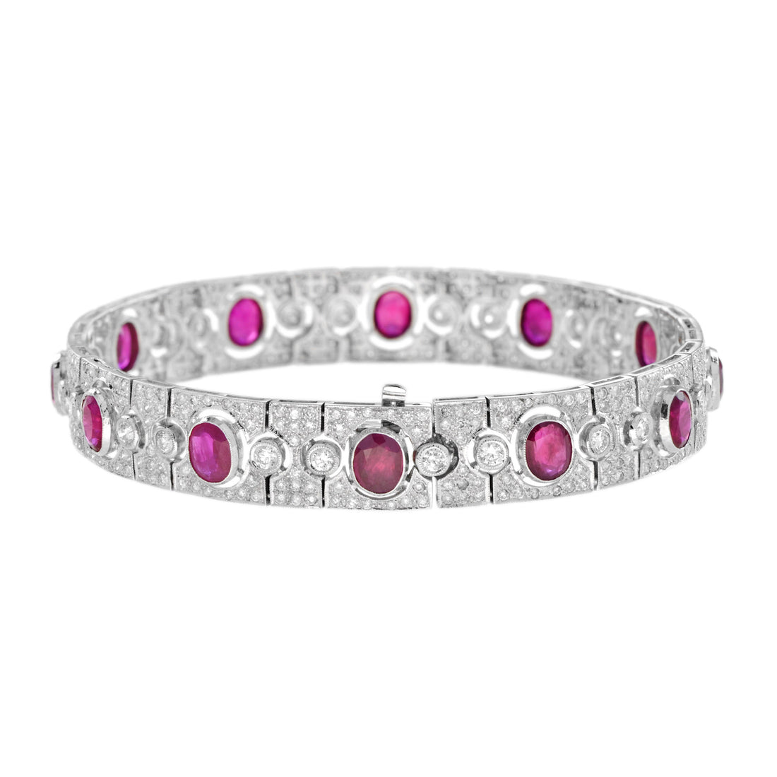 Art Deco Style Pink Red Oval Ruby &amp; Diamond Tennis 18K White Gold Bracelet