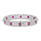 Art Deco Style Pink Red Oval Ruby & Diamond Tennis 18K White Gold Bracelet