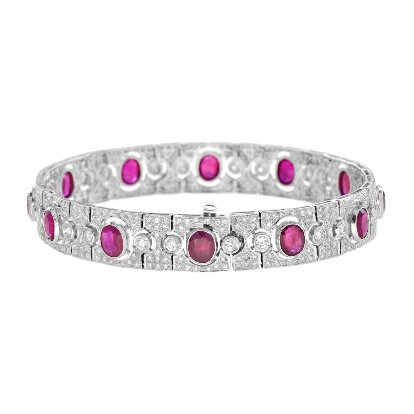 art deco style pink red oval ruby & diamond tennis 18k white gold bracelet