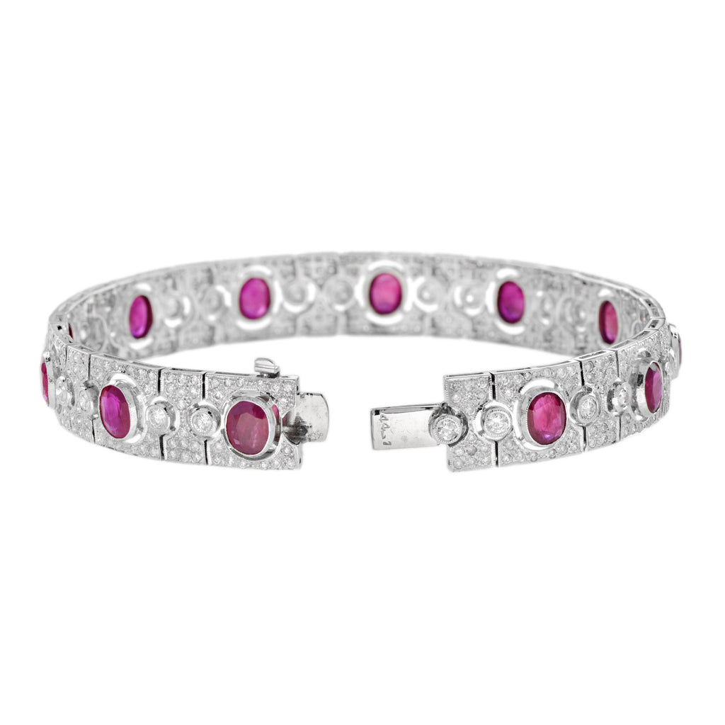Art Deco Style Pink Red Oval Ruby & Diamond Tennis 18K White Gold Bracelet