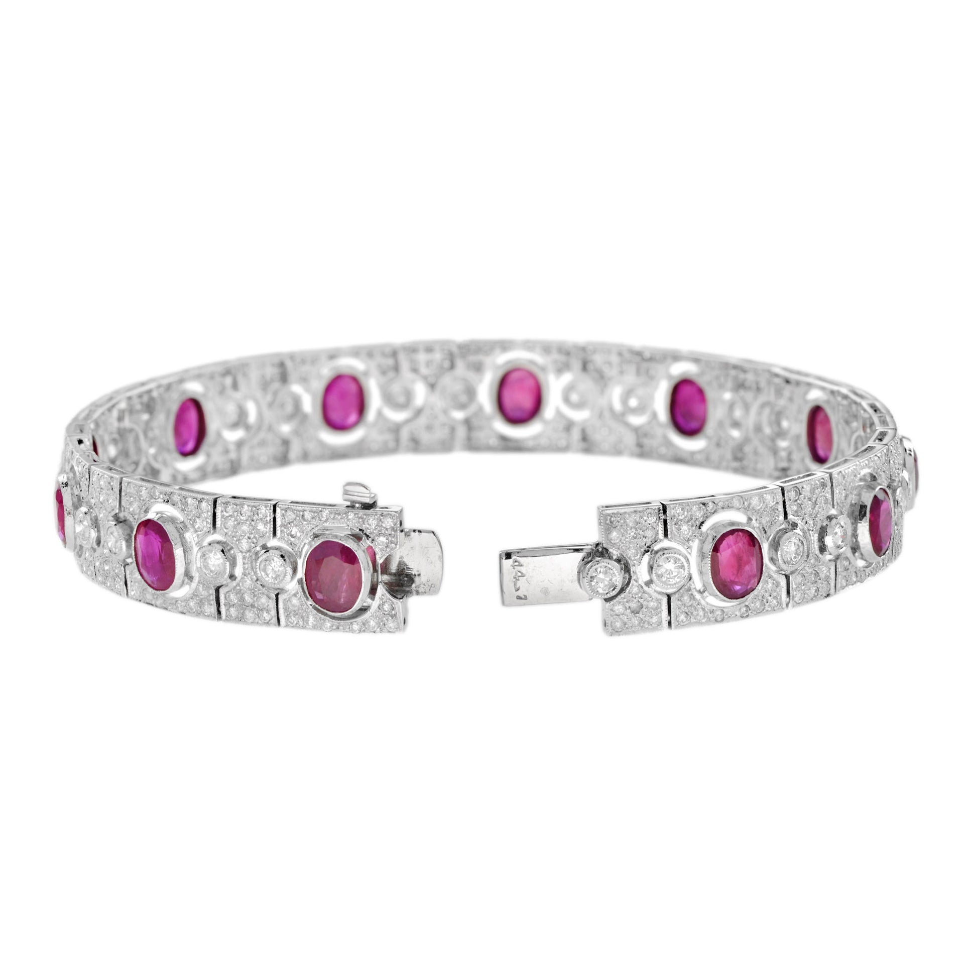 Art Deco Style Pink Red Oval Ruby & Diamond Tennis 18K White Gold Bracelet