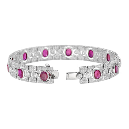 Art Deco Style Pink Red Oval Ruby & Diamond Tennis 18K White Gold Bracelet