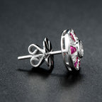 Round Diamond & French Cut Red Pink Ruby Art Deco Style Stud White Gold Earrings